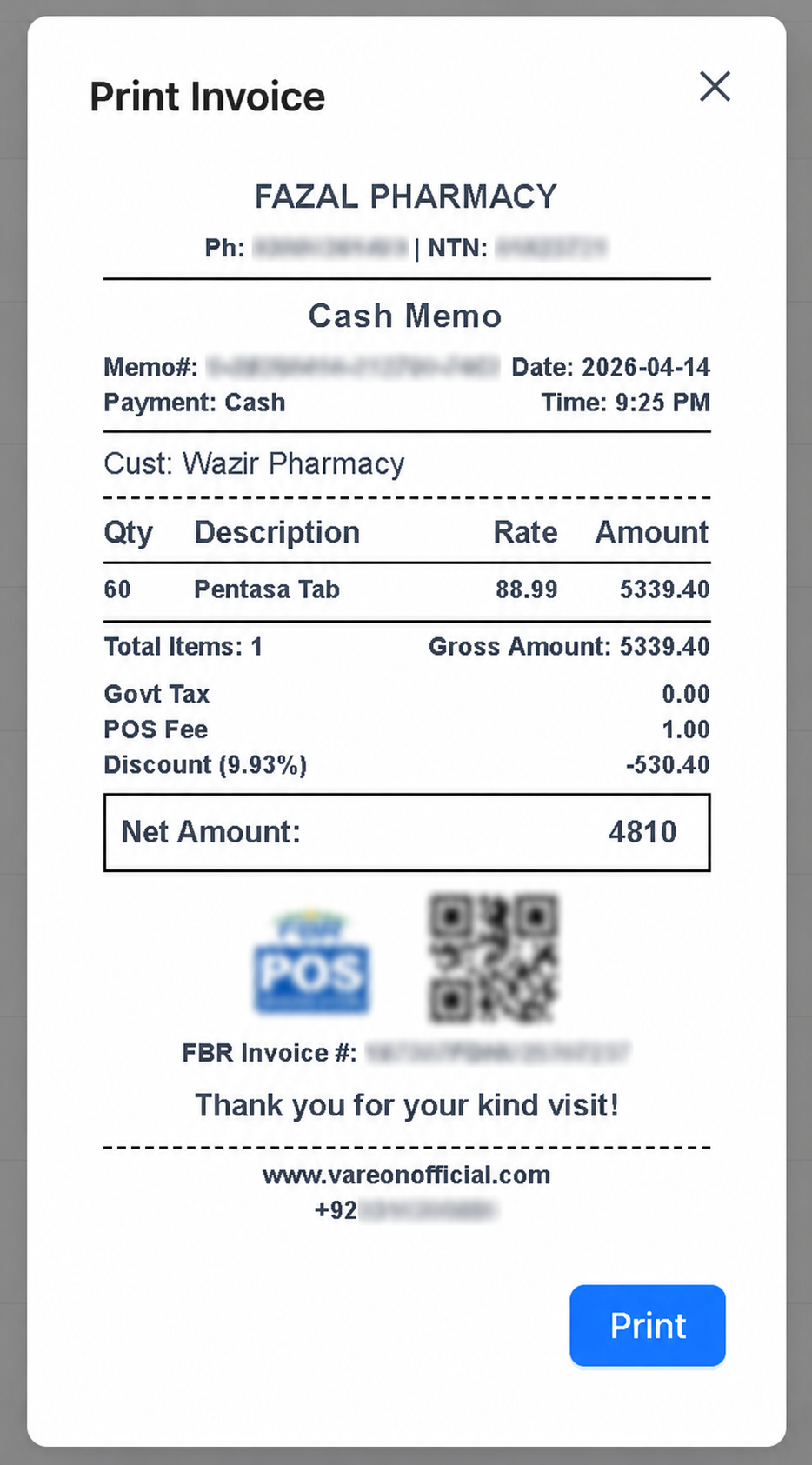 Vareon POS invoice preview